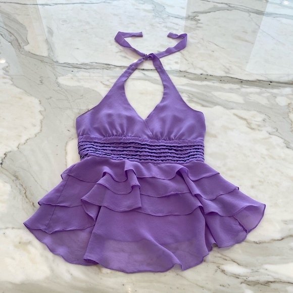 BCBG PURPLE RUFFLE HALTER TOP SIZE XS - Picture 6 of 14